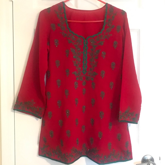 Red & green Bollywood tunic kurthi top - Picture 8 of 8